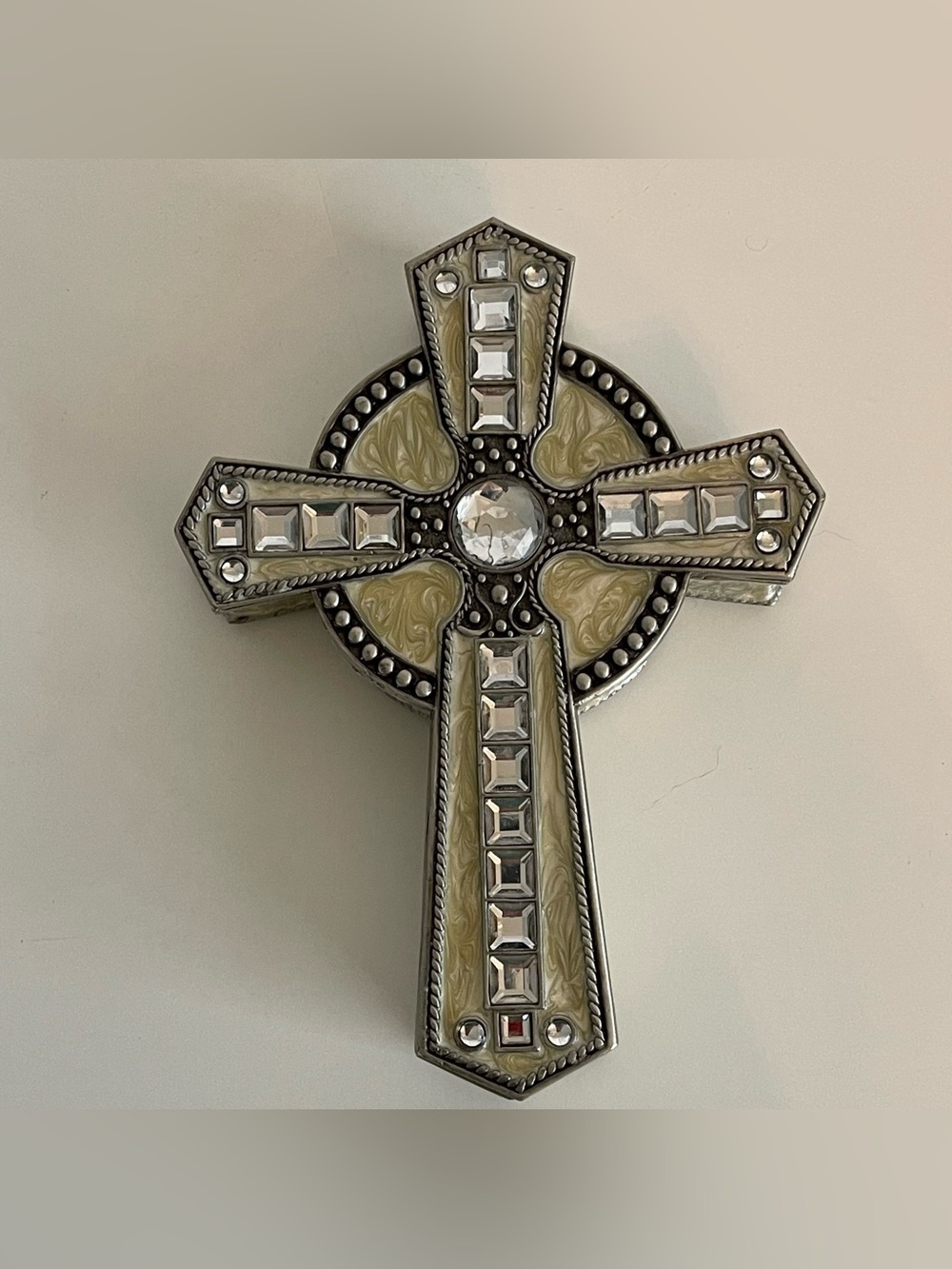 Cross Jewelry Trinket Box Collectible Enameled Rhinestones Rosary Velvet Lined - Picture 2 of 12